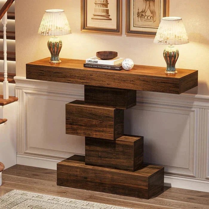 107cm Console Table, Wood Sofa Table Accent Table with Geometric Base | Luxury Home Accessories | Heulog Glow