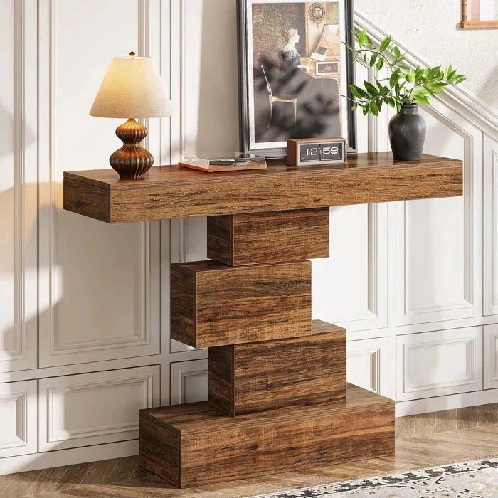 107cm Console Table, Wood Sofa Table Accent Table with Geometric Base | Luxury Home Accessories | Heulog Glow