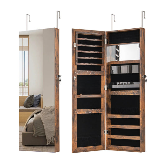 110 cm Jewelry Mirror Cabinet with Full-length Mirror and Interior Makeup Mirror-Rustic Brown