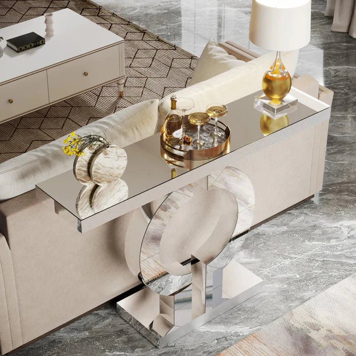 110cm Mirrored Console Table, Modern Silver Console Table with O-Shaped Base | Luxury Home Accessories | Heulog Glow