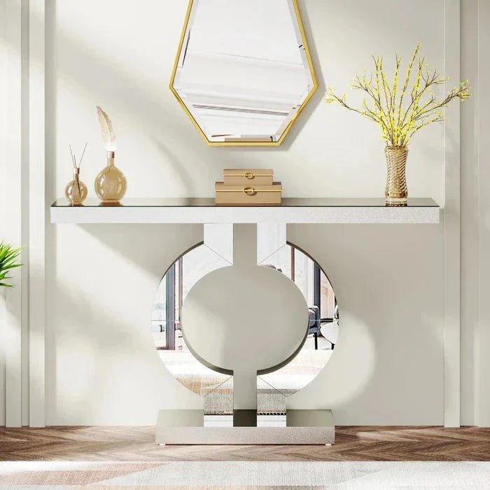 110cm Mirrored Console Table, Modern Silver Console Table with O-Shaped Base | Luxury Home Accessories | Heulog Glow