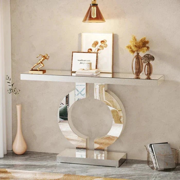 110cm Mirrored Console Table, Modern Silver Console Table with O-Shaped Base | Luxury Home Accessories | Heulog Glow