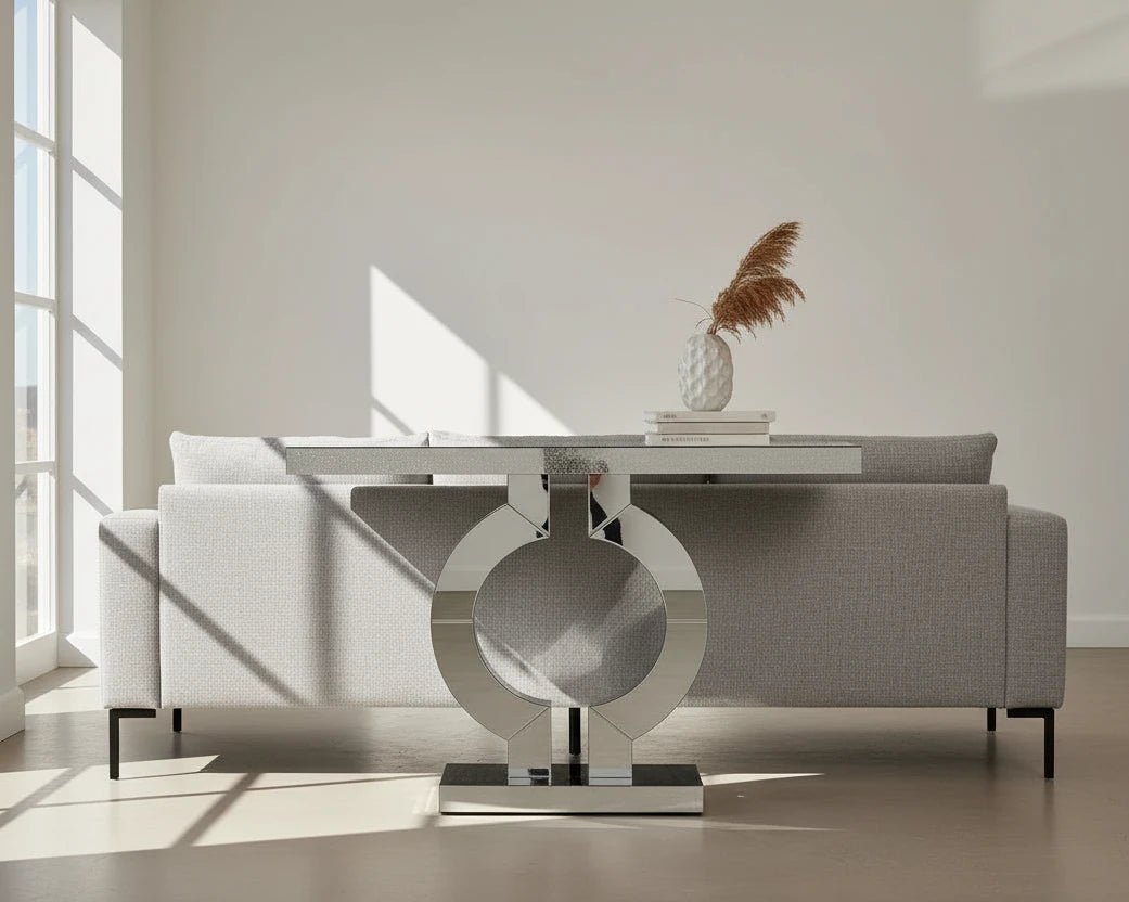 110cm Mirrored Console Table, Modern Silver Console Table with O-Shaped Base | Luxury Home Accessories | Heulog Glow