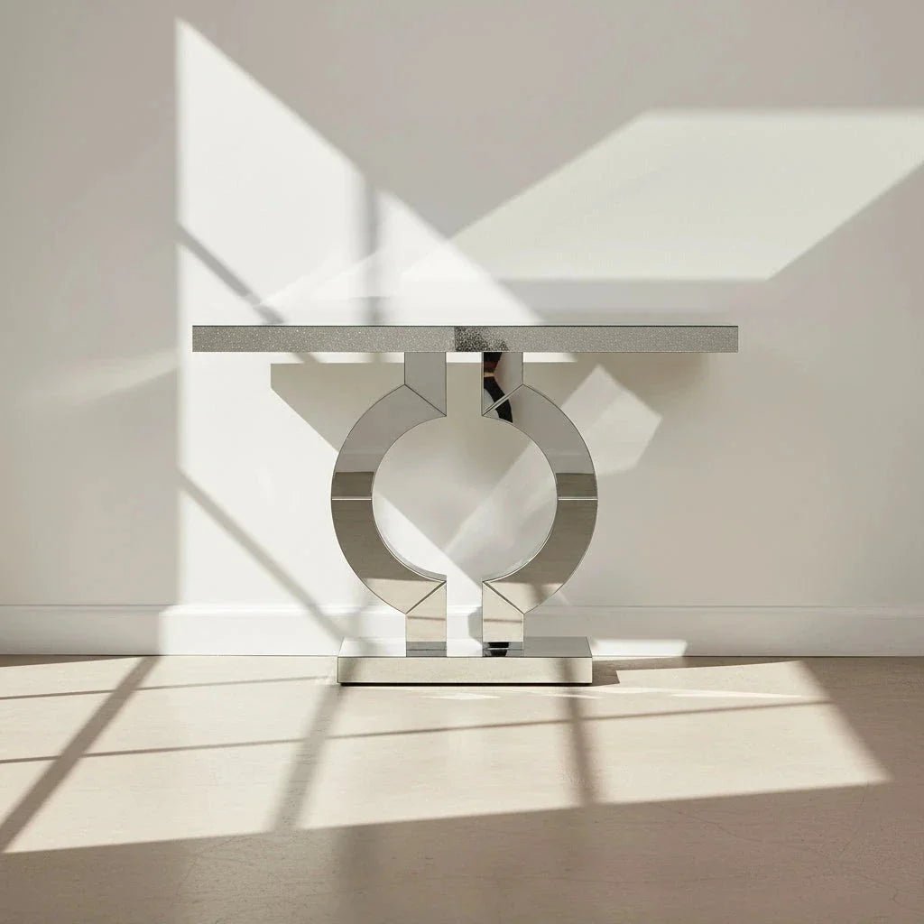 110cm Mirrored Console Table, Modern Silver Console Table with O-Shaped Base | Luxury Home Accessories | Heulog Glow