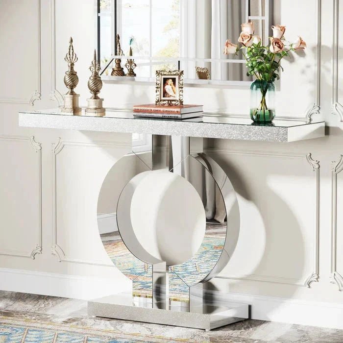 110cm Mirrored Console Table, Modern Silver Console Table with O-Shaped Base | Luxury Home Accessories | Heulog Glow