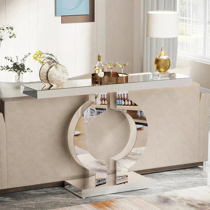 110cm Mirrored Console Table, Modern Silver Console Table with O-Shaped Base | Luxury Home Accessories | Heulog Glow