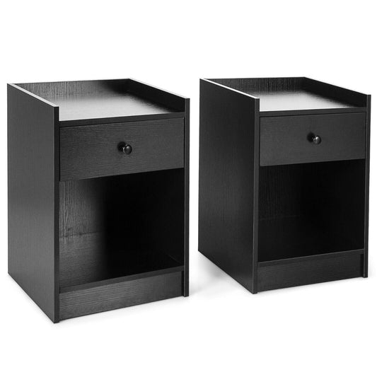 Set of 2 Bedside Table with a Drawer and Open Shelf-Black