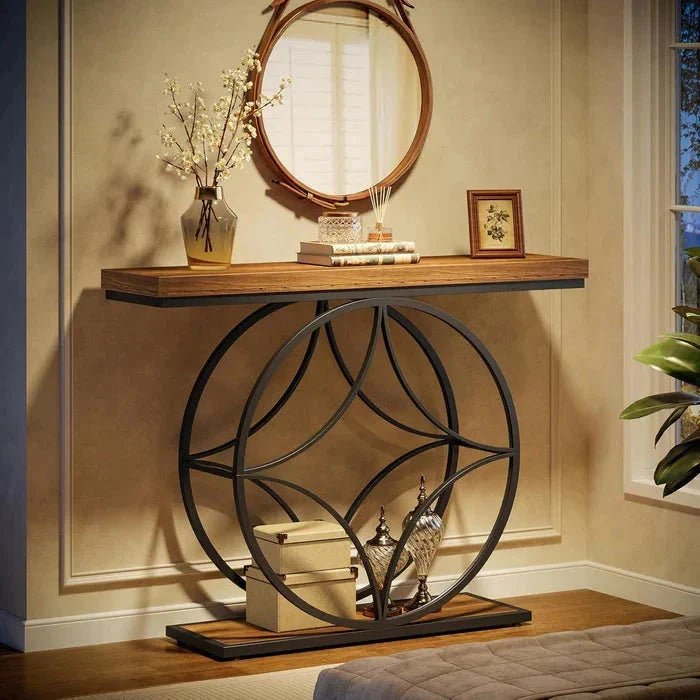 120cm Industrial Console Table - 2-Tier Sofa Table with Geometric Metal Frame | Luxury Home Accessories | Heulog Glow