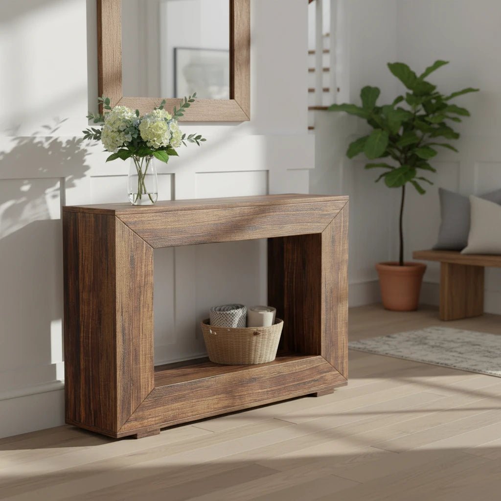 120cm Modern Rustic Console Table - Bold Hollow Geometric Entryway & Accent Sideboard | Luxury Home Accessories | Heulog Glow