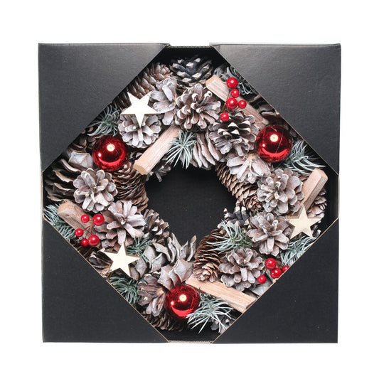 Woodland Snow Wreath with Red Baubles