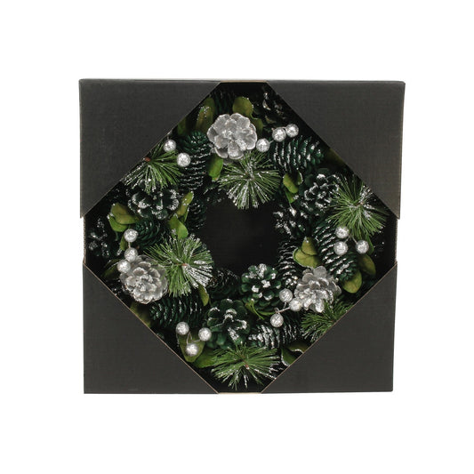 Green &amp; Silver Glitter Pine Cone Wreath (30cm)