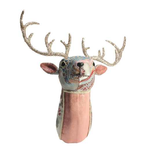 Sage Green &amp; Pink Embroidered Deer Head (17.5cm)