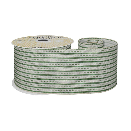 Natural and Green Striped Fabric Ribbon (63mm x 9m)