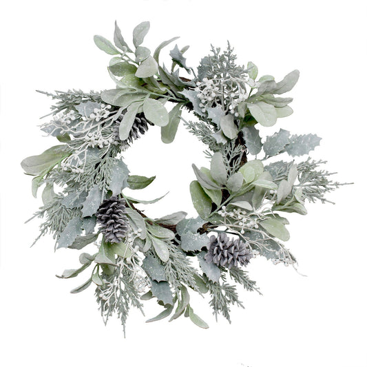 Lambs Ear  Holly Pine Cone &amp; White Berry Flocked Wreath (60cm)