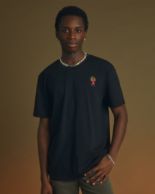 Beetroot Embroidered Organic Cotton T-Shirt Black