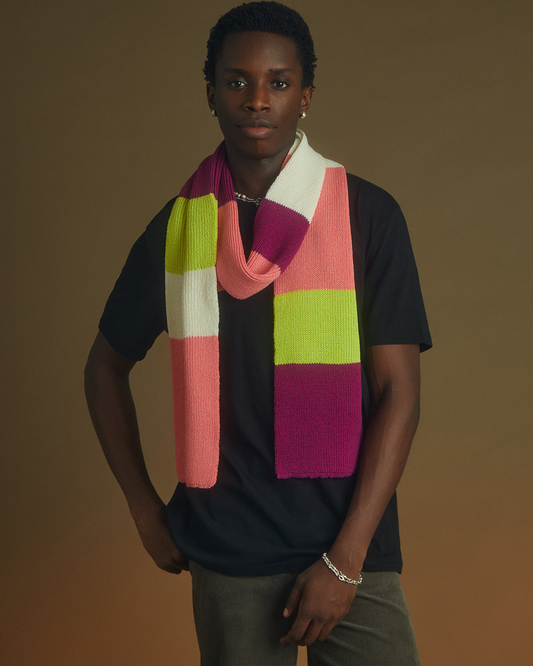 Ribbed Colour Block Wool & Cashmere Scarf Purple & Yellow