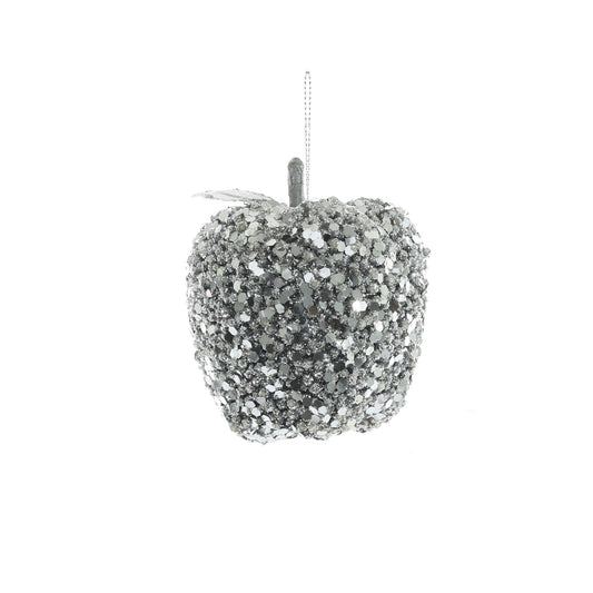Glittered Hanging Apple - Silver (8cm)