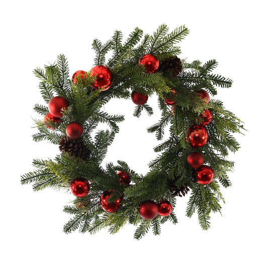 Red Bauble &amp; Pine Rattan Wreath - 60cm