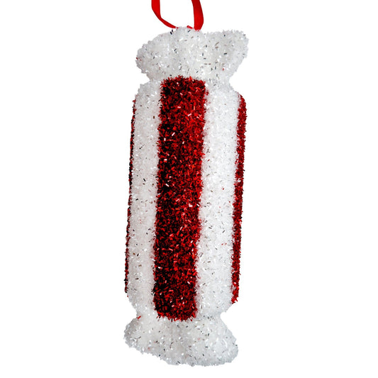 Red &amp; White Tinsel Glitter Striped Rectangular Hanging Decoration (29cm)