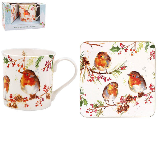 Winter Robins Mug &amp; Coaster Set