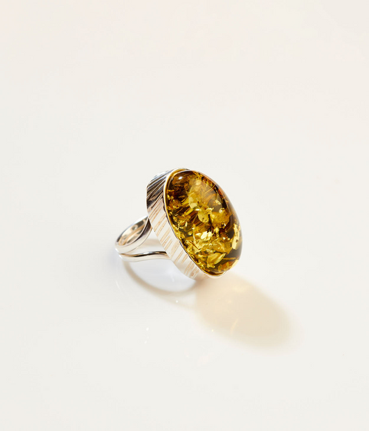 OOAK Mosslight Green Amber Ring (SIZES L-Q)