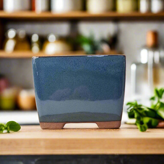 13cm Glazed Cascade Bonsai Pot | Square | 13cm x 13cm x 10cm | Blue | Luxury Home Accessories | Heulog Glow