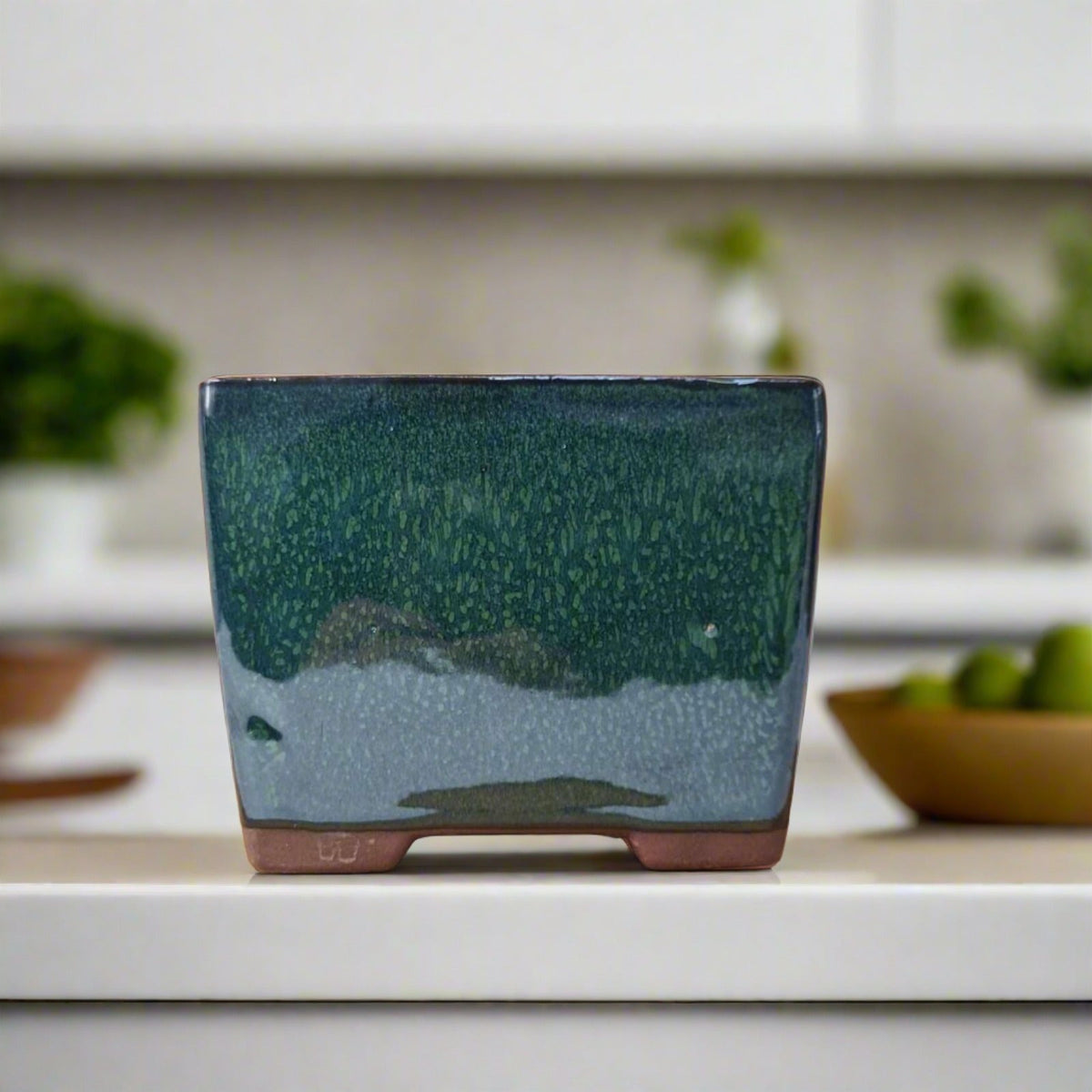 13cm Glazed Cascade Bonsai Pot | Square | 13cm x 13cm x 10cm | Dark Green | Luxury Home Accessories | Heulog Glow