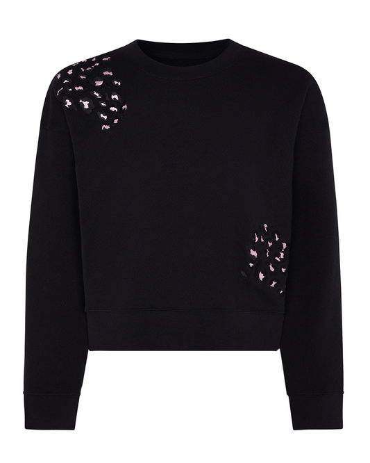 Leopard Embroidered Cropped Sweatshirt Black