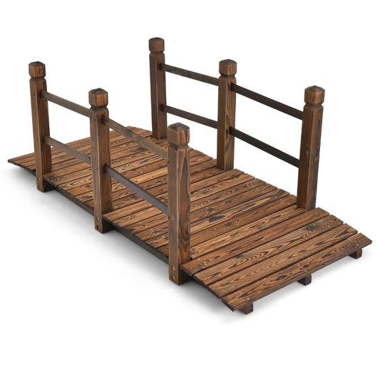 150 cm Wooden Garden Bridge with Double Safety Rails for Backyard Gravel Road-Brown