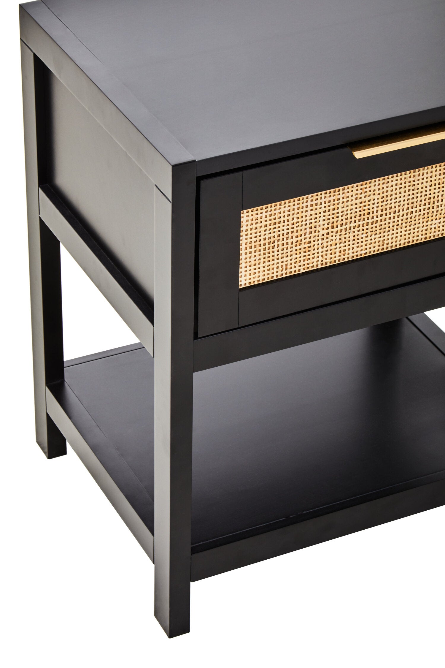 Sherman Black Wood and Natural Rattan One Drawer Bedside Table