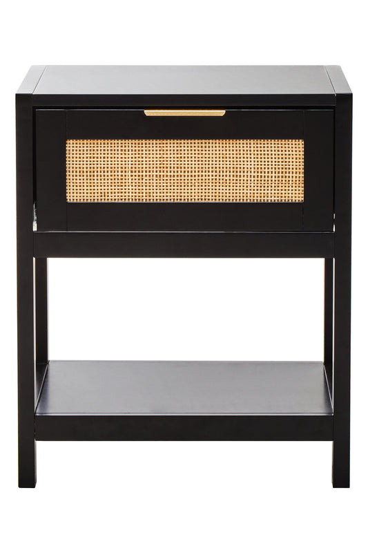 Sherman Black Wood and Natural Rattan One Drawer Bedside Table