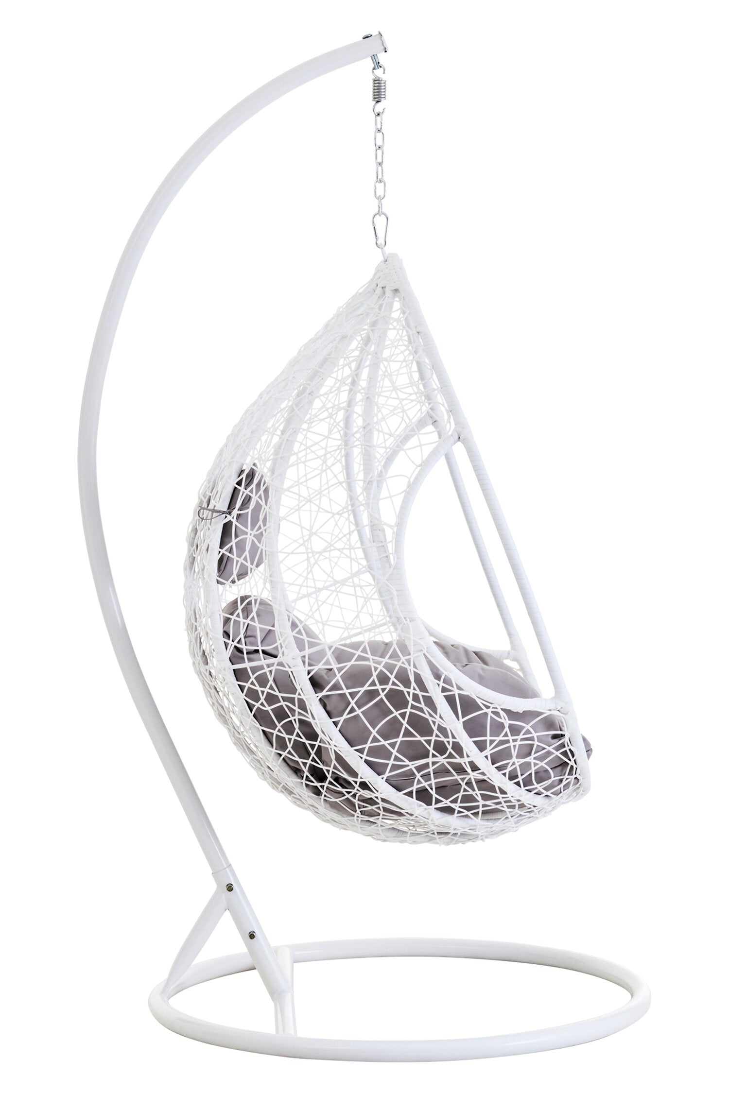 Goa White Rattan Effect Hanging Chair with Grey Cushions