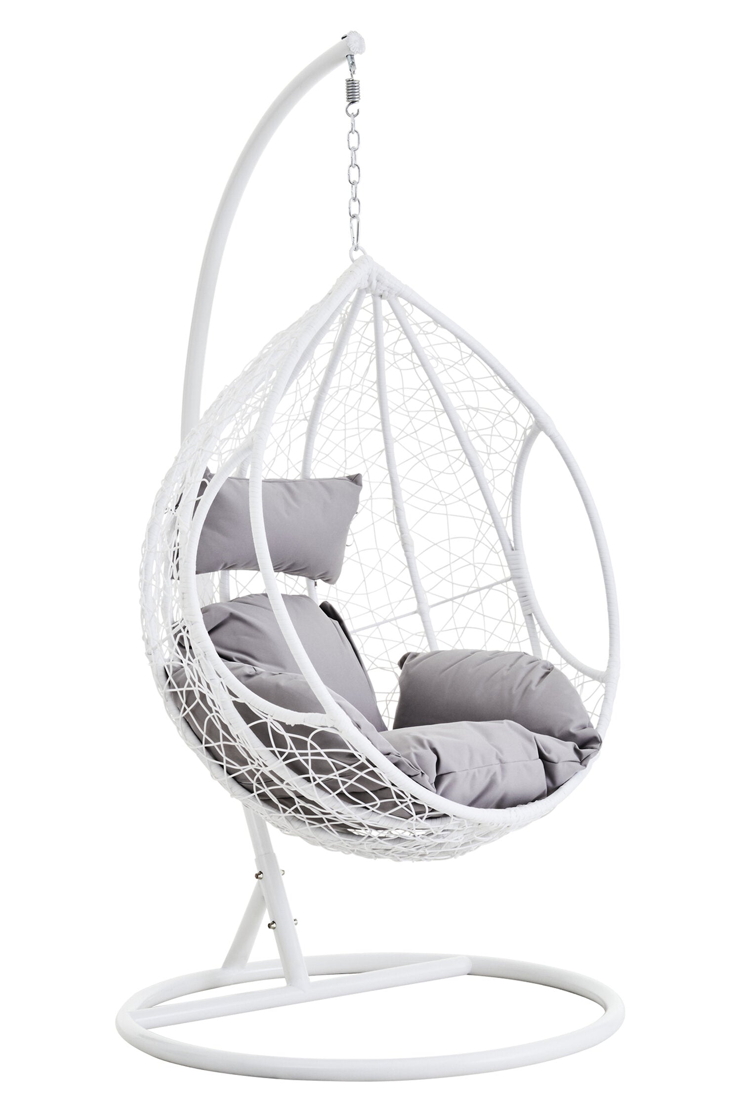 Goa White Rattan Effect Hanging Chair with Grey Cushions