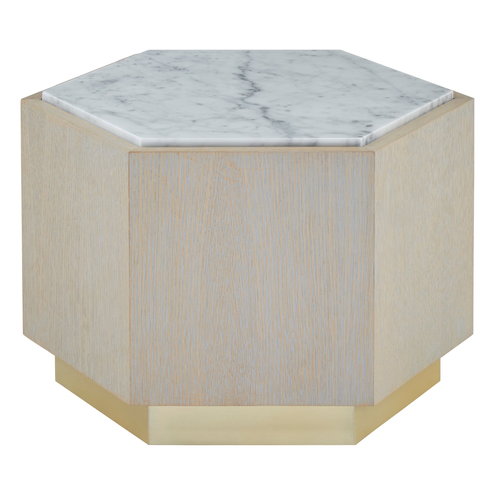 Villi White Marble and Wooden Large Hexagon Side Table