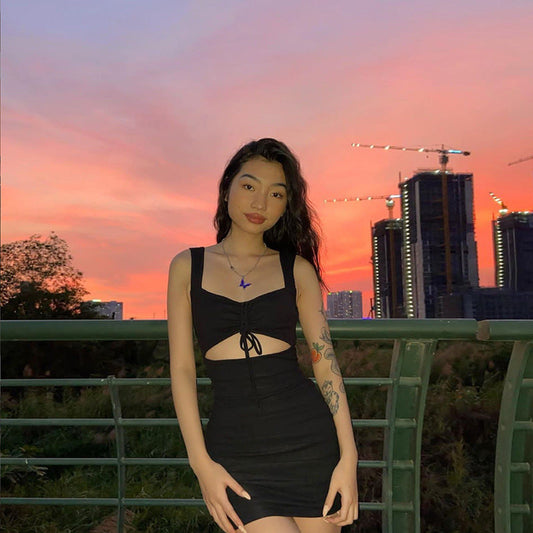 Sexy Dress Backless Slit Hem Elegant Party Straps Solid Fit Dress