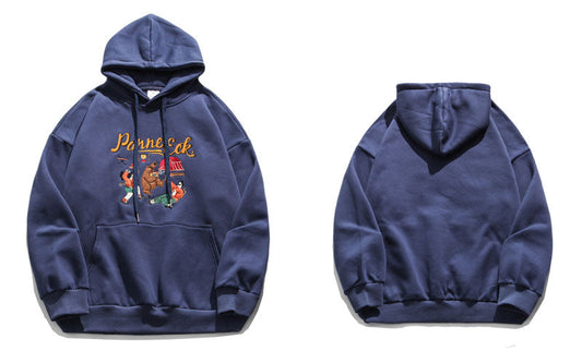 Embroidered Loose Hooded Couple Cartoon Plus Velvet Sweater