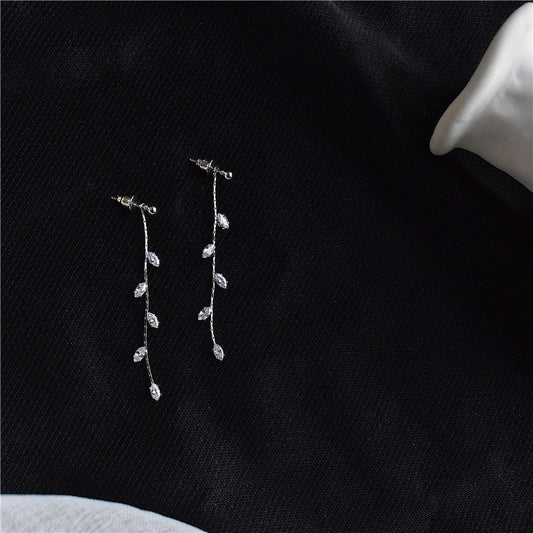 Korea Leaf Zircon Temperament All-match Long Tassel Earring