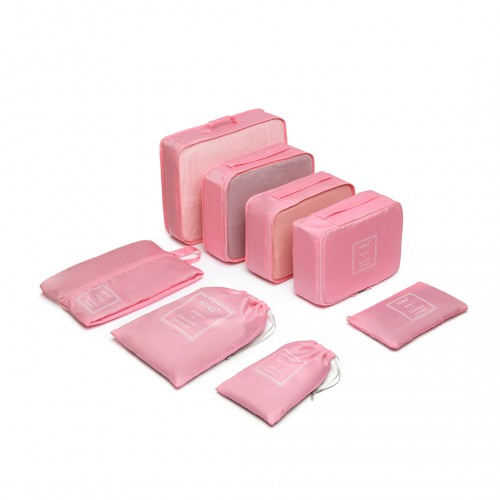 E2019 - Kono 8 Piece Polyester Travel Luggage Organiser Bag Set - Pink