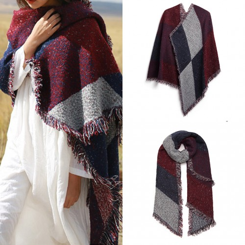 S6427 - Women Ladies Fashion Plaid Scarf Blanket Winter Warm Wrap Shawl - Red