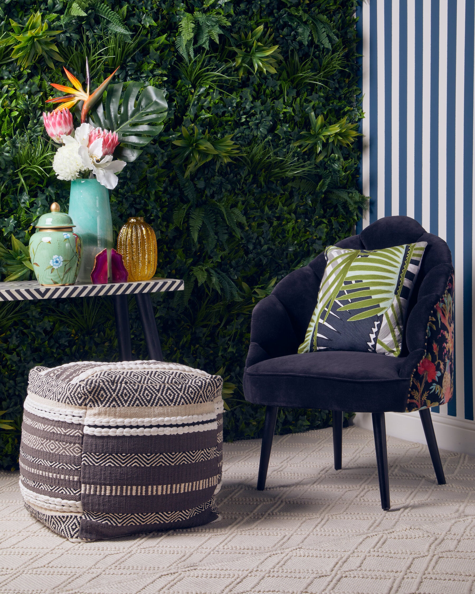 Cefena Grey And White Pouffe