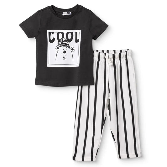 HelloBaby Boys T-Shirt & Trousers Set Bear Print Cool Boy Crew Neck Full Length Short Sleeve - Anthracite