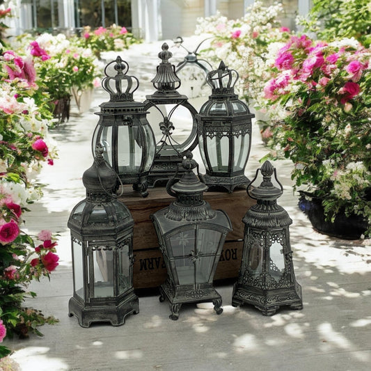 40CM 6 ASSORTED GREY METAL GARDEN LANTERNS