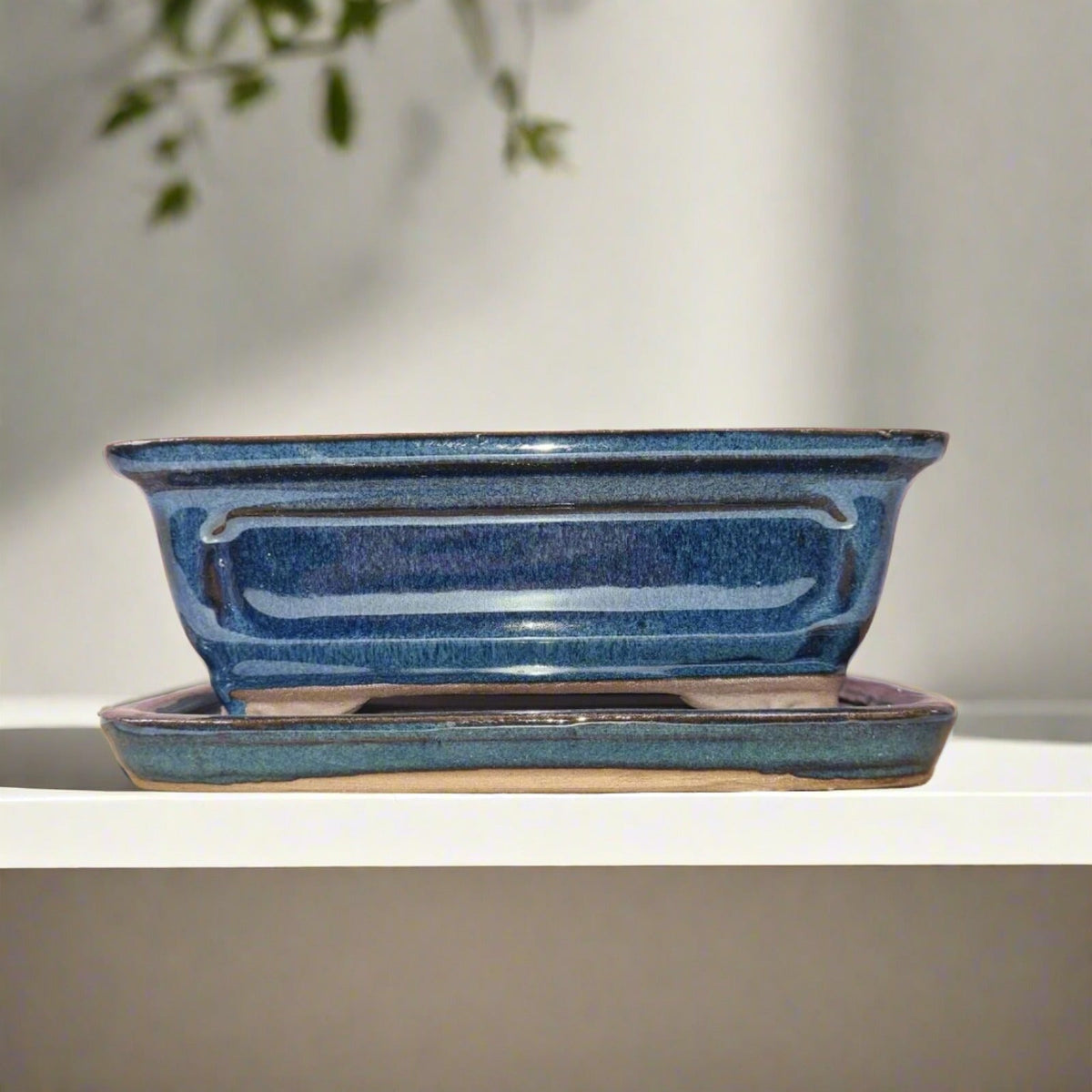 16cm Glazed Bonsai Pot | Rectangle | 16cm x 13cm x 6cm | Blue | Luxury Home Accessories | Heulog Glow