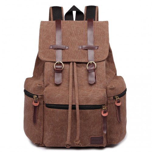 E1672 - Kono Large Multi Function Leather Details Canvas Backpack - Coffee