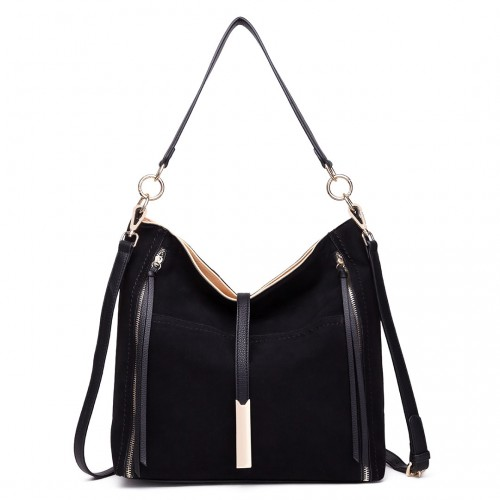 LT1715 - Miss Lulu Suede Effect Slouchy Shoulder Bag Black