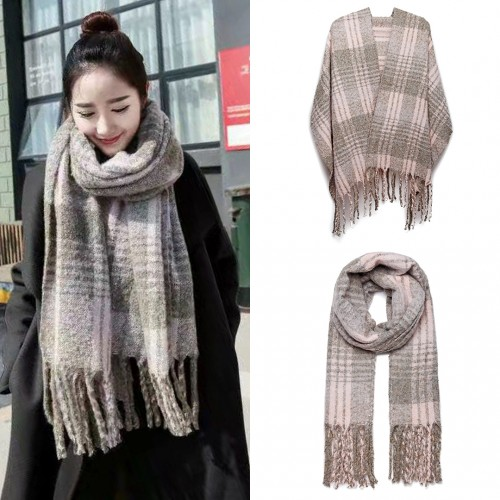 S6429 - Stylish Soft Warm Wrap Check Print Shawl Scarf - Grey