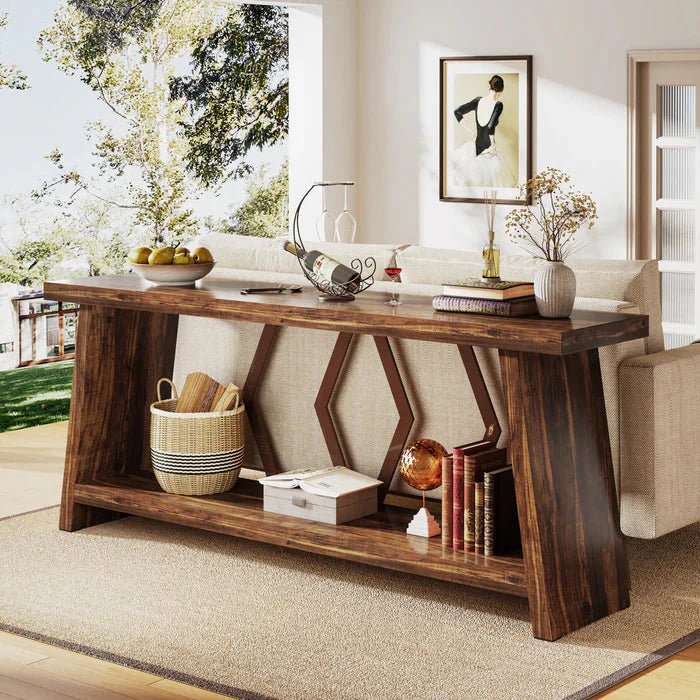 180cm Rustic Walnut Console Table - Entryway & Sofa Table with Geometric Accents | Luxury Home Accessories | Heulog Glow