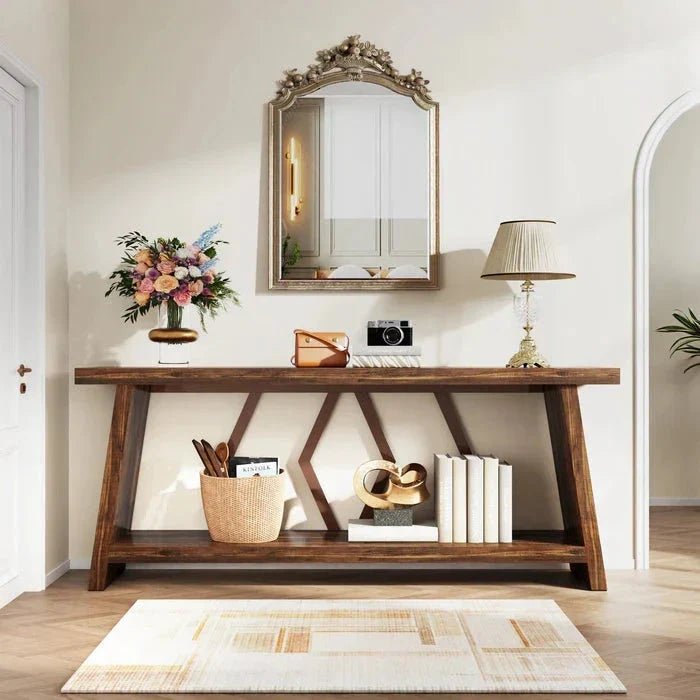 180cm Rustic Walnut Console Table - Entryway & Sofa Table with Geometric Accents | Luxury Home Accessories | Heulog Glow