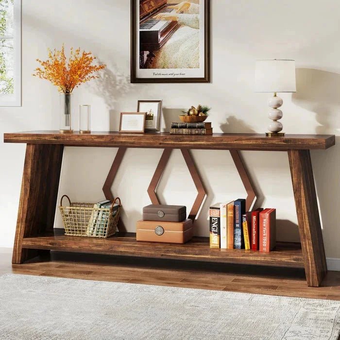 180cm Rustic Walnut Console Table - Entryway & Sofa Table with Geometric Accents | Luxury Home Accessories | Heulog Glow