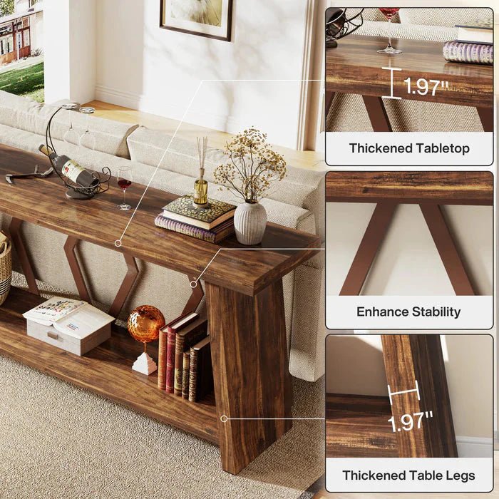 180cm Rustic Walnut Console Table - Entryway & Sofa Table with Geometric Accents | Luxury Home Accessories | Heulog Glow